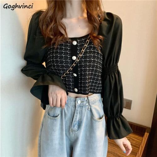 Shirts Women French Style Square Collar Flare Sleeve Patchwork Button Vintage Retro Tender Ulzzang Elegant Ladies Short Tops New