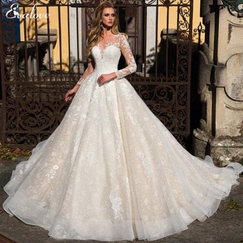 EVALOVE Design Scoop Neck Long Sleeve A-Line Wedding Dresses Gorgeous Appliques Lace Court Train Customized Vintage Bridal Gown