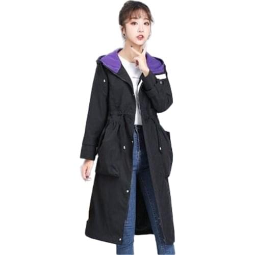 New Spring Autumn Womens Trench Coats Vintage Loose Female Hooded Lacing Patchwork Trendy Lady Windbreaker Pockets OL Clothes