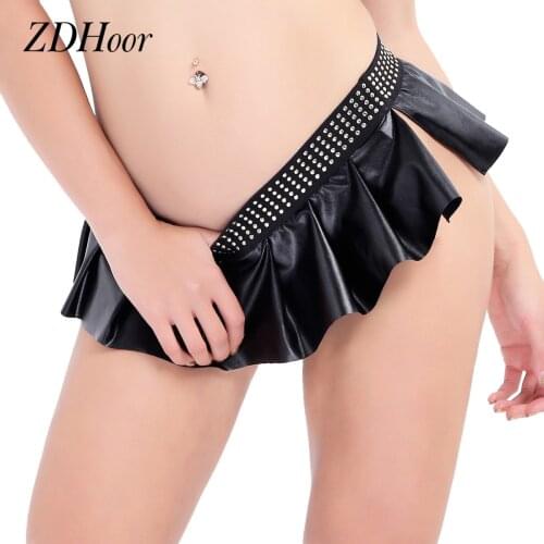 US SOTCK Womens Faux Leather Ruffle Skirt Side Split Embellished Studded Sexy Ladies Mini Pleated Skirt Party Nightwear Clubwear