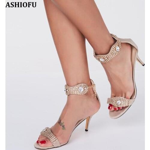 ASHIOFU Handmade Ladies High Heel Sandals Crystals Party Prom Summer Shoes Real Photos Evening Fashion Sandals Shoes