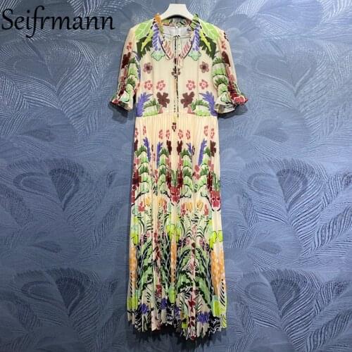 Seifrmann New 2021 Summer Women Fashion Designer Long Dress Flare Sleeve Bow High Waist Floral Print Pleated Dresses Vestidos