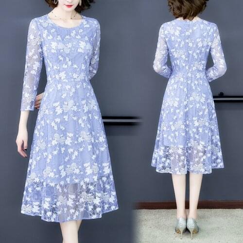 Hollow Blue Lace Dresses Female Spring Mid-length Slimming Dress O-neck Middle Waist Big Swing Nine-point Sleeve Vestidos Z602