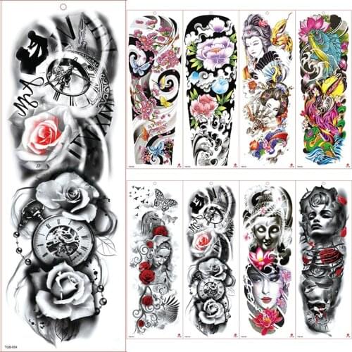 Large Arm Sleeve Tattoo Waterproof Temporary Tattoo Sticker Rose Clock Full Flower Tatoo Body Art Tattoo Girl