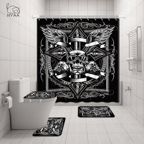 Black Skull Skeleton Printed Shower Curtain Set Horrible Halloween Festival Bathroom Decor Pedestal Rug Lid Carpet Toilet Cover
