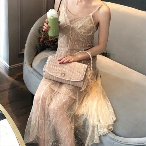 French retro small square bag Fashion satin pearl evening bag ladies shoulder messenger bags chain clutch purses and handbags