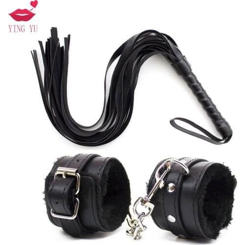 2Pcs/set PU Leather Erotic Handcuffs Ankle Cuff Restraints With Whip BDSM Bondage Slave Sex Toys for Couple Adult Game Flogger