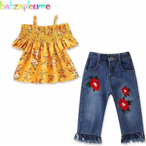 2Piece/2-7Years/Summer Baby Clothing Sets Toddler Girls Outfits Fashion Flowers Kids T-shirt+Jeans For Children Clothes BC1283