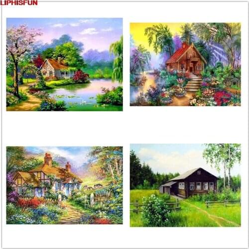 LIPHISFUN Cross Stitch Embroidery Diamond Painting Full Drill Home wall Decor Square/round Scenery lakeside house