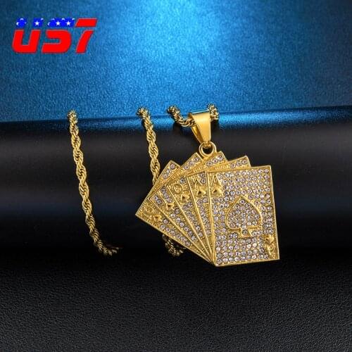 US7 HIP Hop Iced Out Bling Hearts Poker Pendant Necklace Stainless Steel Rhinestone Necklaces & Pendants For Men Jewelry Gift
