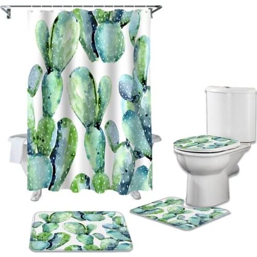 Plant Cactus Watercolor Painting Shower Curtain Set Carpet Cover Toilet Cover Bath Mat Home Decor Bathroom Curtain