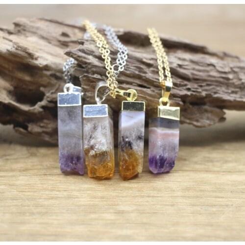 Natural Citrines Amethysts Geode Druzy Rectangle Pillar Pendants,Crystal Quartz Drusy Point Charms Necklace Women Jewelry,QC3094