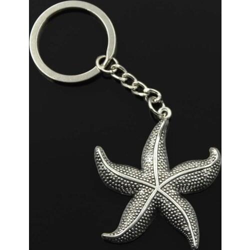 New Fashion Men 30mm Keychain DIY Metal Holder Chain Vintage Starfish 50x43mm Silver Color Pendant Gift