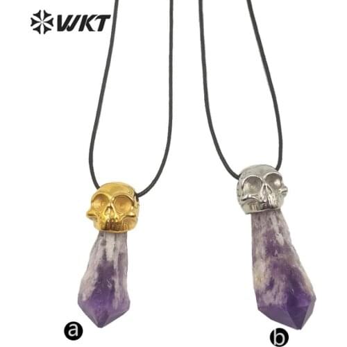 WT-N1213 Wholesale new black leather skull stone setting necklace unique popular unisex black skull stone necklace