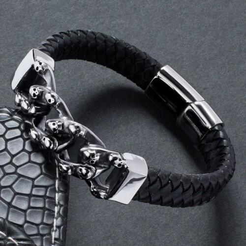Punk Braided Leather Bracelet Men Jewelry Skull Bracelet Punk Wrap Bracelets Stainless Steel Magnetic Buckle Male Bangles PW815