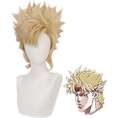 Jojos Bizarre Adventure Caesar Anthonio Zeppeli Feather Cosplay Wig Yellow Short Hair Synthetic Hair Anime Costume Wig+ Wig Cap