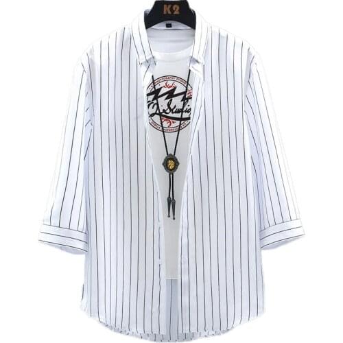 Summer Mens Shirt Striped Prints Three Quarter Sleeve Casual Shirt Lightweight Loose Turn-Down Collar Simple Shirts Multi-Color