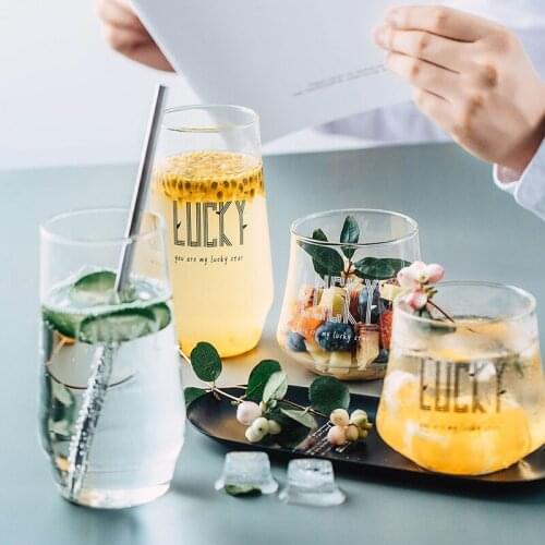 Letter Printed Transparent Creative Glass Coffee Tea Drinks Dessert Breakfast Milk Cup Glass Mugs Handle Drinkware
