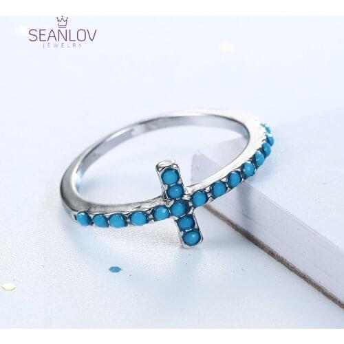 Seanlov 2018 New Silver Cross Ring for Wedding Paved with Natural Stone Blue Green CZ Engagement ring Fashion Jewelry