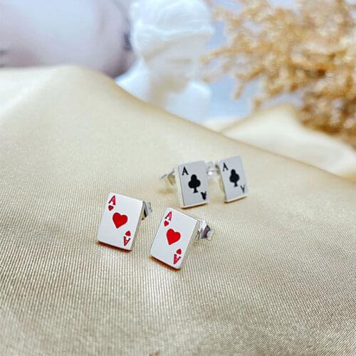 Poker Cards Stainless Steel Stud Earrings for Women Men Enamel Red Heart Black Plum A Player Lucky Ear Jewelry Unisex Brincos
