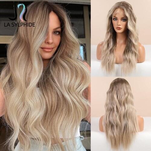 La Sylphide Synthetic Lace Front Wigs Long Wavy Root Brown Ombre Blonde Lace Wig Middle Part for Women Nature Hair for Daily