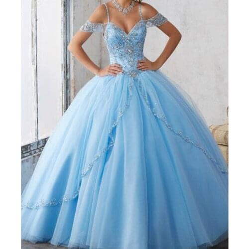 2020 Light Sky Blue Ball Gown Quinceanera Dresses Cap Sleeves Spaghetti Beading Crystal Princess Prom Party Dresses For Sweet 16