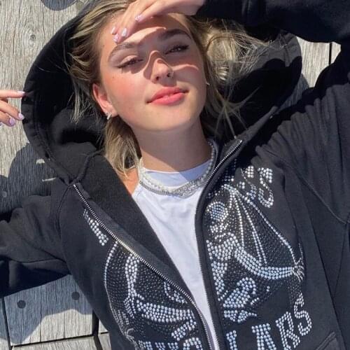 Y2k Rhinestone Zip-up Sweatshirts Hip Hop recklessscholars anime print Hoodie Gothic Long Sleeve jacket Korean Fashion Pullover