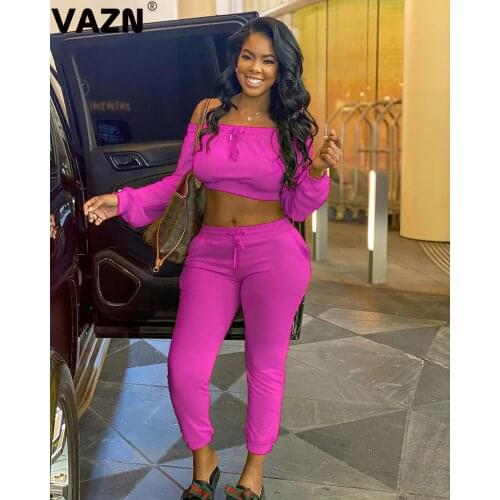 VAZN 2020 Autumn High Quality Energy Hollow Out Young Sexy Soft Strapless Full Sleeve Top Long Pants Slim Women 2 Piece Se