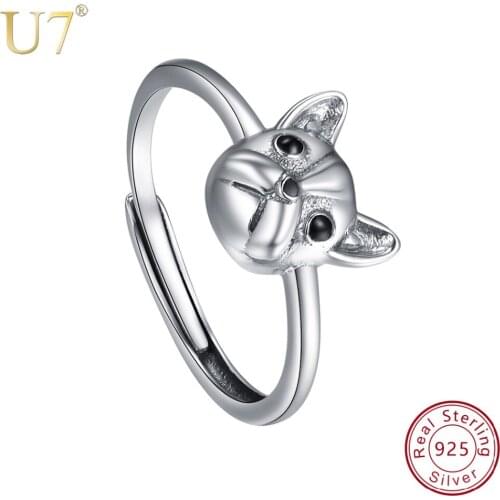 U7 925 Sterling Silver French Bulldog Dog Finger Rings for Women Jewelry Female Ring Animal Pet Lover Loyal Friend Gifts SC277
