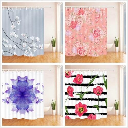 Spring Flower Shower Curtains Water Color Floral Plant Bathroom Decor Hang Cloth Curtain Set Waterproof Polyester Fabric Cheap