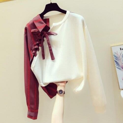 False 2 Pieces Women Blouse Autumn New O-Neck Long-Sleeved Asymmetrical Loose Elegant Lady Pulls Tops