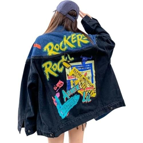 Plus Size Denim Jacket Women 2021 Autumn Graffiti Print Patchwork Denim Coat Zippers Decoration Spliced Jacket Abrigo Mujer
