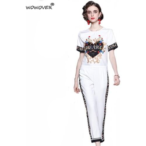 Womens Clothing 2021 Fashion Runway Suit Summer Short Sleeve Letter Heart Print Top and Pants 2 Piece Sets Casual White Outfit