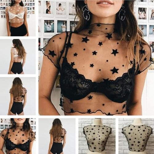 Women Sexy Mesh See Through T Shirt 2021 Fashion Hollow Transparent Undershirt Star Dot Base Top Camisas Femininas Clubwear