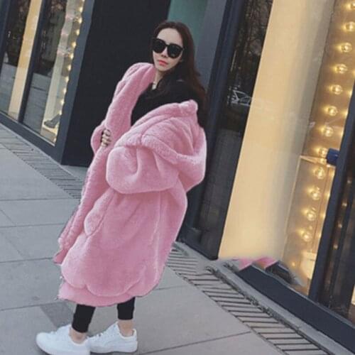 Women Winter Thicken Jacket Faux Fur Overcoat Loose Long Parka Hooded Rex Rabbit Warm Big Pocket Outerwear Female Oversized