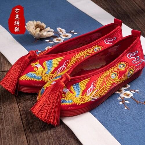 Womens Silk Satin Embroidery Phoenix Tassels Hidden Heel Loafers Espadrille Wedding Chinese Xiuhe Bridal Red Shoes
