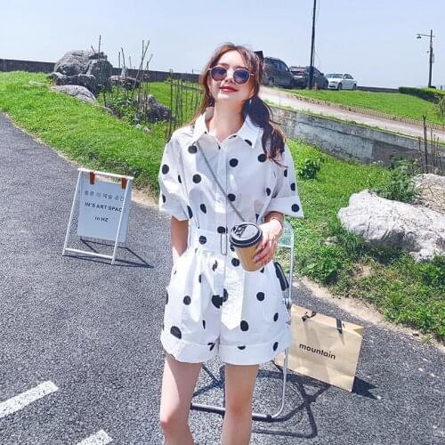 Summer Rompers for Women Fashion Elegant Korean Loose Casual Dot White Overalls One Piece Shorts Outfits Jumpsuit with Belt 2021
