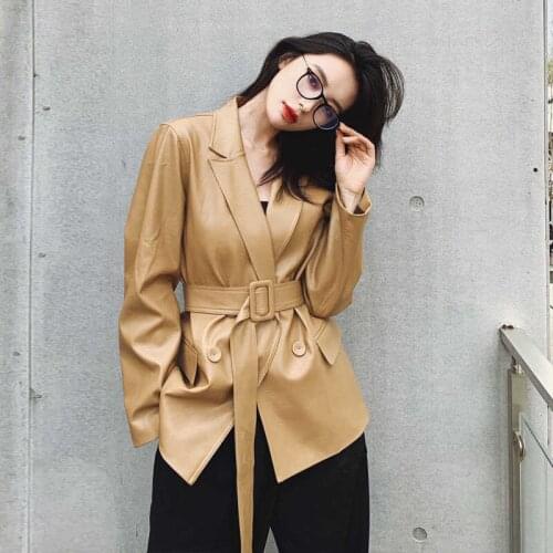 Vintage Soft Faux PU Leather Jacket Women 2021 New Spring Autumn Pure Color Double Breasted Leather Blazer Office Ladies Coats