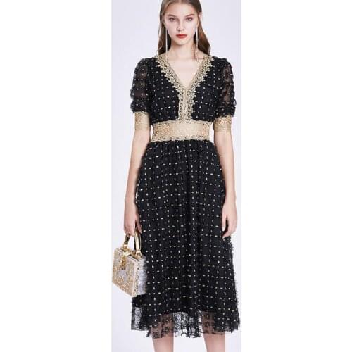 Womens spring summer flower embroidery medium long lace dress female runway fashion high waist vintage slim dress TB668