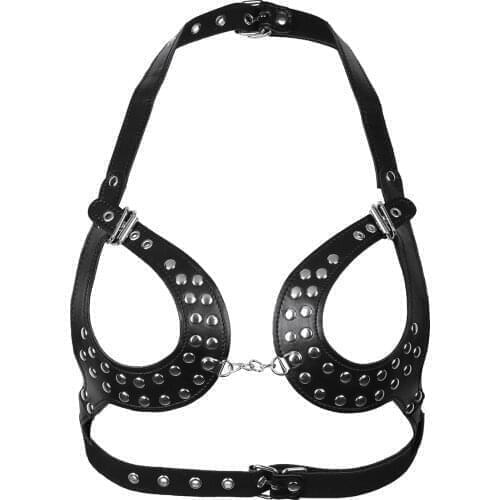 Womens Lingerie Sexy Bra Harness PU Leather Adjustable Body Chain Harness Bra Belt with Buckles and Rivets Exotic Hot Bra