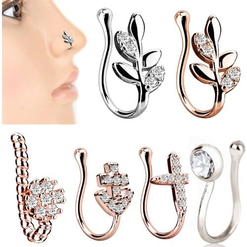 1Pc Stainless Steel CZ Fake Nose Piercing Clip On Cross Nose Clip Fake Jewelry Faux Piercing Nez Flower Clip On Nose Ring