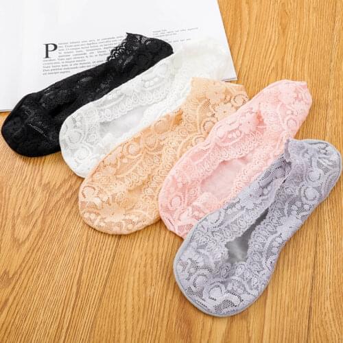 10Pairs/lot Lace Boat Socks Female Ice Silk Stealth Socks 360 Degrees Silicone Non - Slip South Shallow Mouth Socks