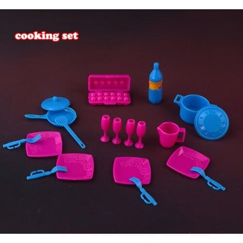 18 Pcs / set New Kids play house toys dish, pan, saucepan kitchen cooking Kit furniture for Barbie Doll