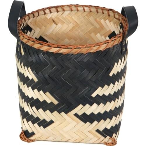 Black Wave Pattern Hard Straw Round Square Bottom Basket Large Traditional Authentic Regional Orginal High Quality Decoration
