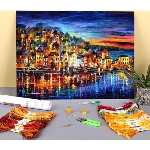 Quiet Town Printed Canvas 11CT Cross-Stitch DIY Embroidery Complete Kit DMC Threads Craft Knitting Handmade Sewing Counted