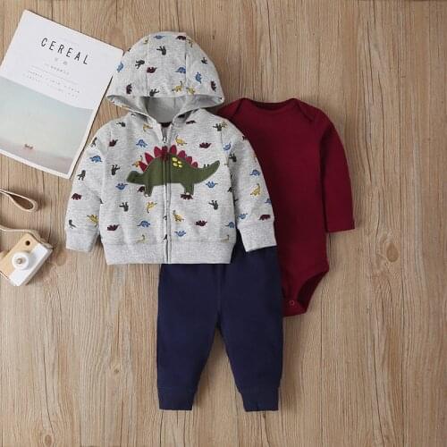 3PCS SETS Newborn Infant Baby Boy Girl Clothes 2020 Fall Animals Dinosaur Hoodies Coat+Romper+Pants Newborn Bebe Kids Clothing
