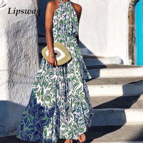 Summer Women Vintage Print Long Dress Ladies Sexy Loose Casual Beach Dress Elegant Halter Sleeveless Fashion Party Dress Vestido