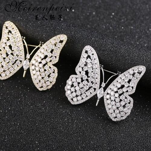 Meirenpeizi New Butterfly Brooches For Women Lapel Pin Crystal Silver Plated Animal Brooches Pins Broche Bijoux Femme Brosh