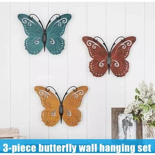 Set Of 3 Butterfly Metal Wall Art Hand Painted Decorative Rustic Wall-mounted Sculpture Vintage Decor For Door Room Decoration