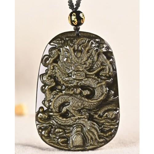 Natural Golden Obsidian Chinese Dragon Necklace Pendant Hand-carved Golden Dragon Gemstone Necklace Mens Lucky Amulet Pendant
